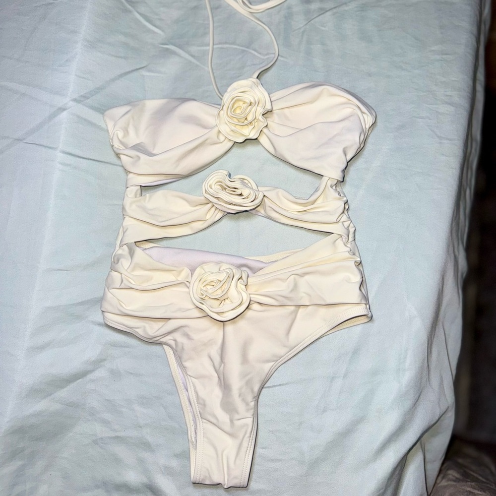 Cream One-Piece Swimsuit with Floral Accents